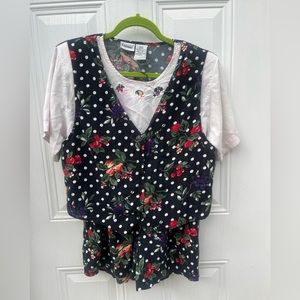 VTG 80s B&W Polka Dot Fruit outfit w/ vest shirt & matching high waisted shorts